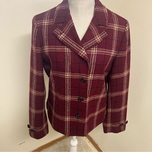 Vintage Lauren Ralph Lauren Plaid Wool Blazer Suede Collar Red Tan Black Cropped